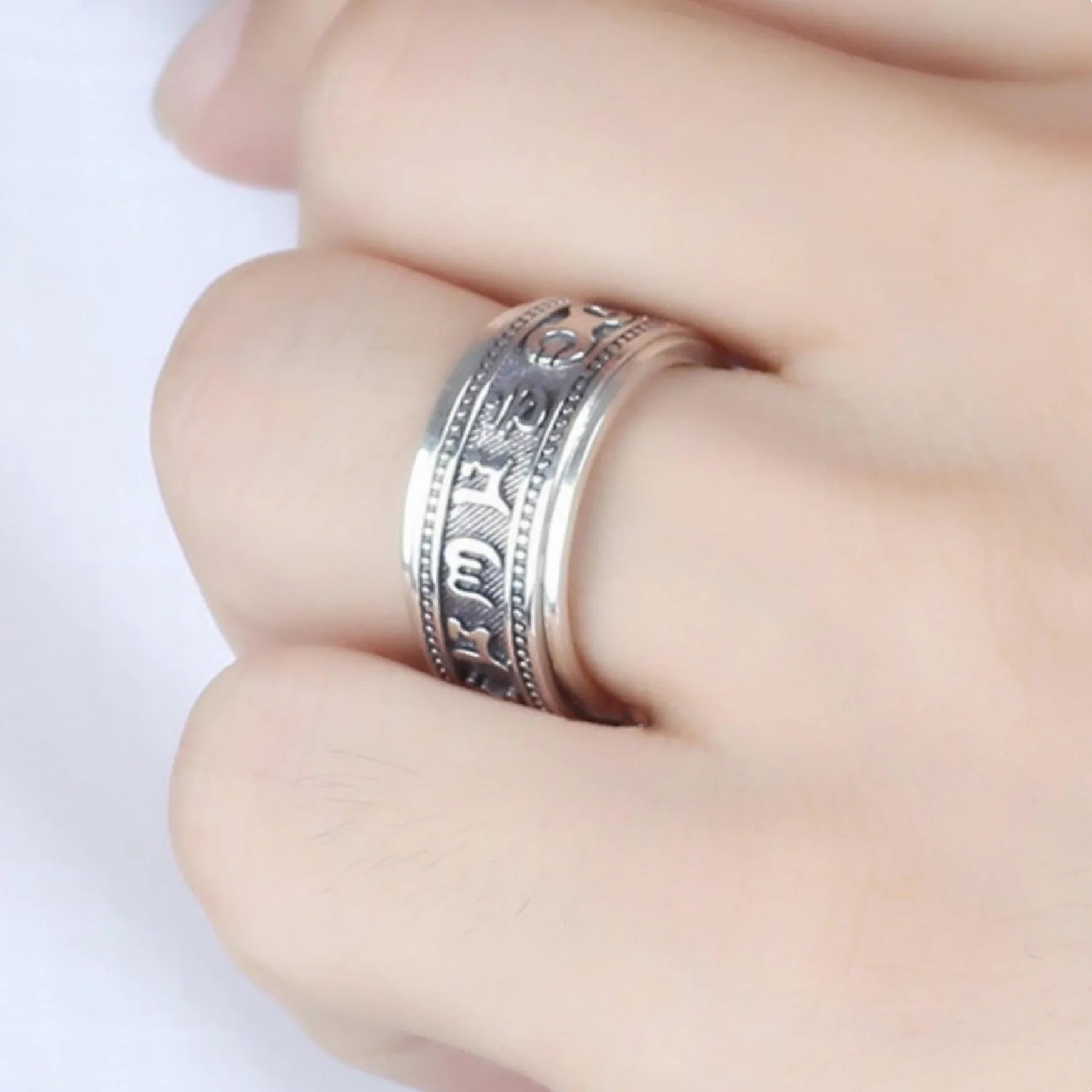 S925 Sterling Silver Ring Men Women Retro Buddhist Six-Character Great Mantra Ring Male Female Amulet Jewelry Exquisite Gift