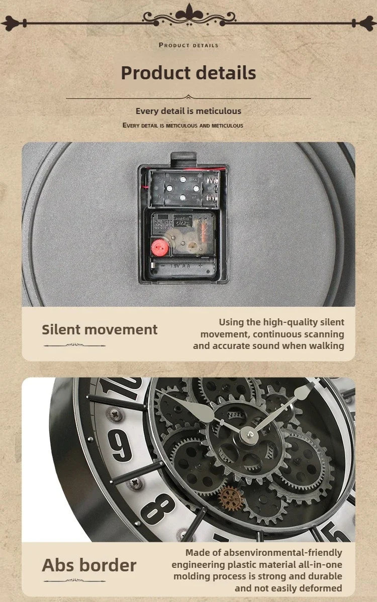 Retro Industrial Roman Wall Clock Gear Rotation Clock Living Room Decorative Wall Clock Stylish Silent Wall Clock Quartz Clock