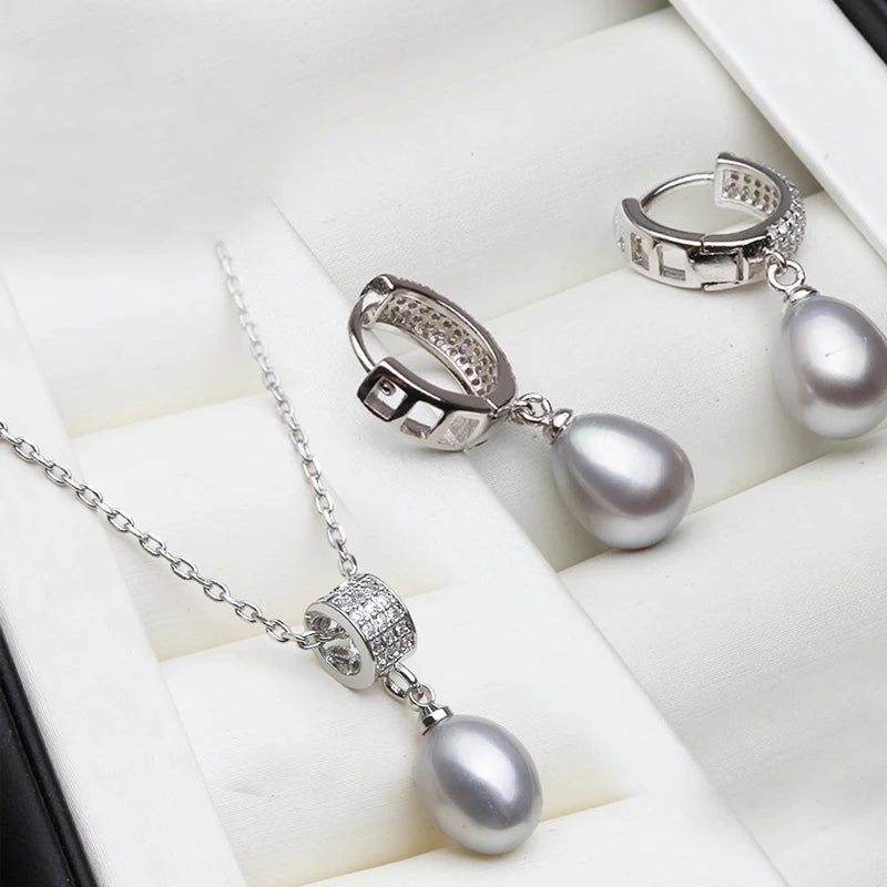 Natural Freshwater Pearl Necklace And Earrings Set Woman,Luxury 925 Silver Pearl Jewelry Set Wife Mother Birthday Gift White