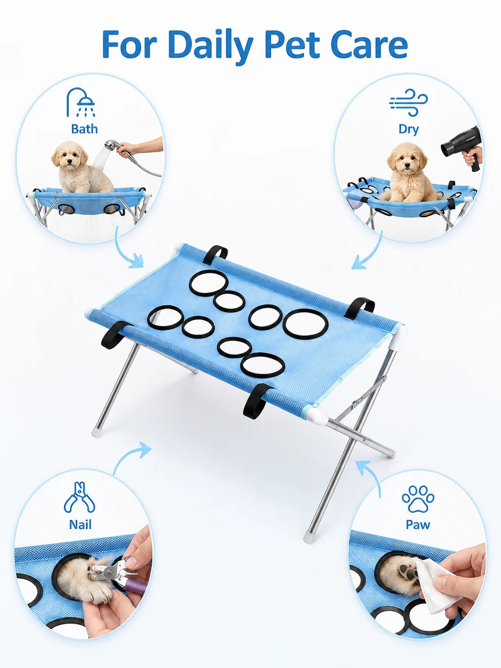 Pet Bathing Hammock Stand Foldable Dog Cat Grooming Drying Table Breathable Mesh Bath Helper for Small Pets