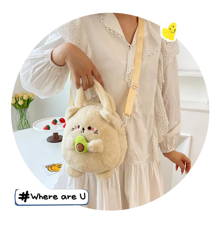 New Rabbit Kitten Plush Toy Backpack Stuffed Animal Rabbit Hold Peach Cat Hold Avocado Portable Shoulder Bag Girl Birthday Gifts