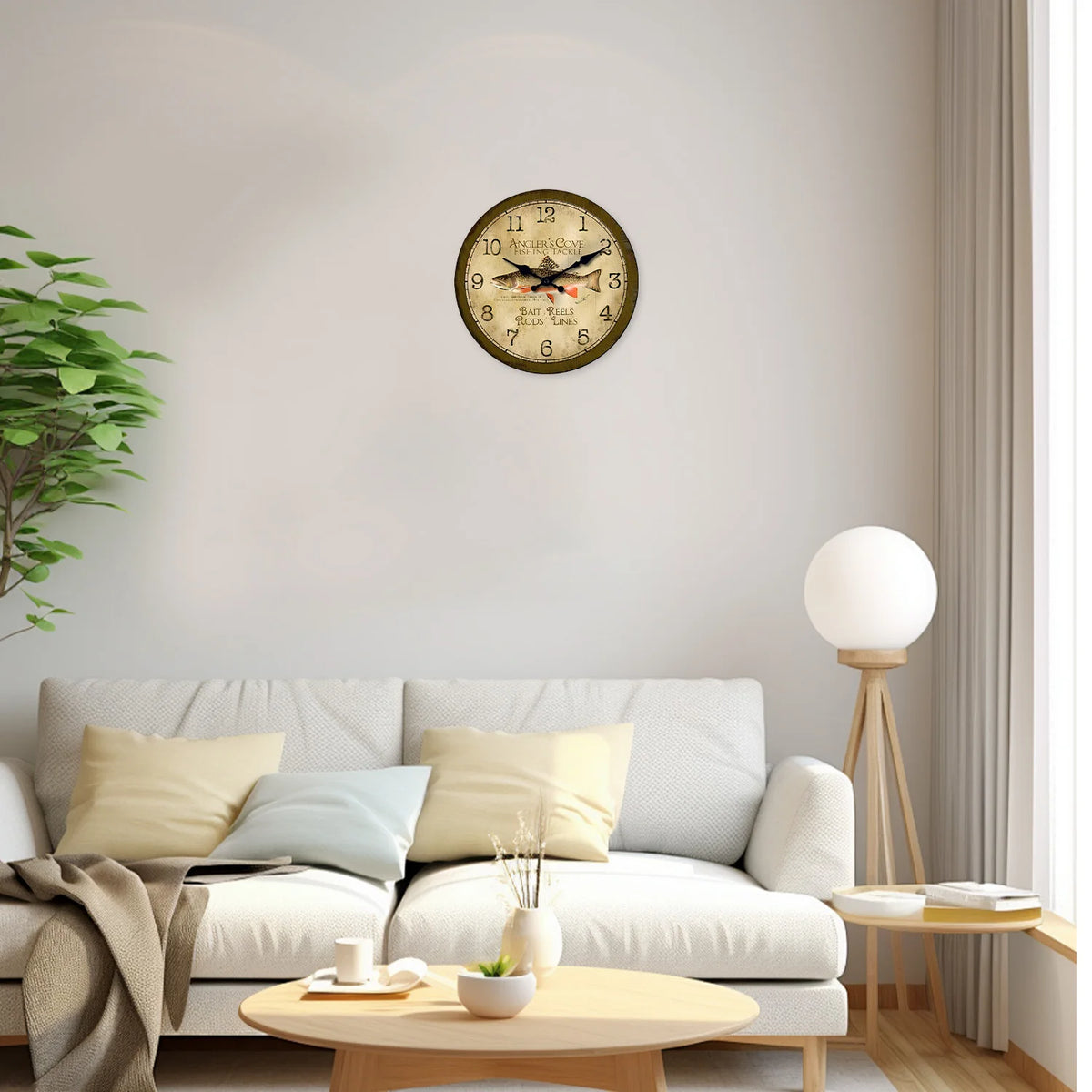Vintage Trout Fishing Tackle Pattern Wooden Wall Clock Living Room Bedroom Kitchen Home Decor Silent Quartz Clock Holiday Gift 10-Inch 12-Inch 14inch 16inch (No Battery)