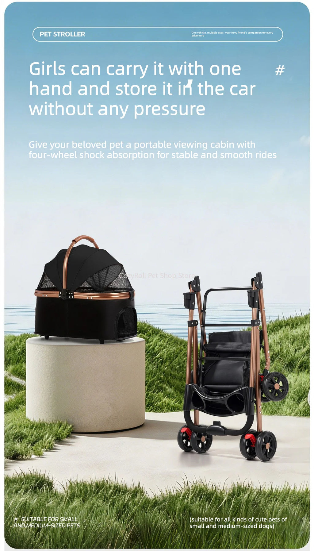 Lightweight Small Pet Stroller for Dogs & Cats 50 Lbs Capacity Aluminum Alloy Puppy Stroller with Detachable Storage Basket