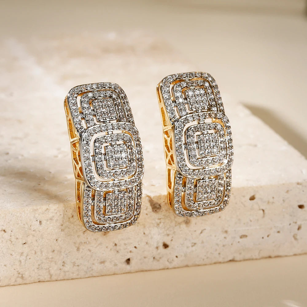 Square inlaid zircon large earrings and ring set copper-plated 14K gold ladies elegant fashion jewelry three-piece set