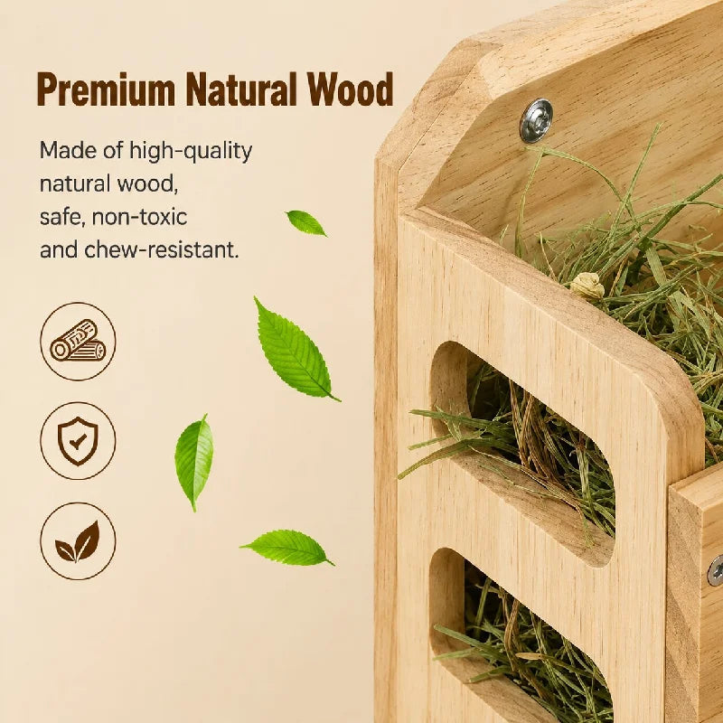 Natural Wooden Hay Feeder Rack - Hanging Guinea Pig Rabbit Feeding Grass Holder for Chinchilla Hamster Small Pet Cage Accessorie