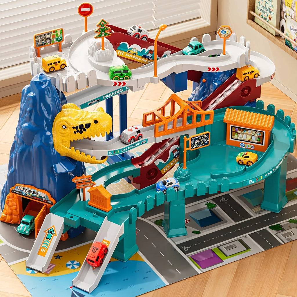 Children's Dinosaur Mountain Climbing Track Car Set with 5 Colorful Vehicles Sound Light Electric Transmission Ideal Birthday Gi