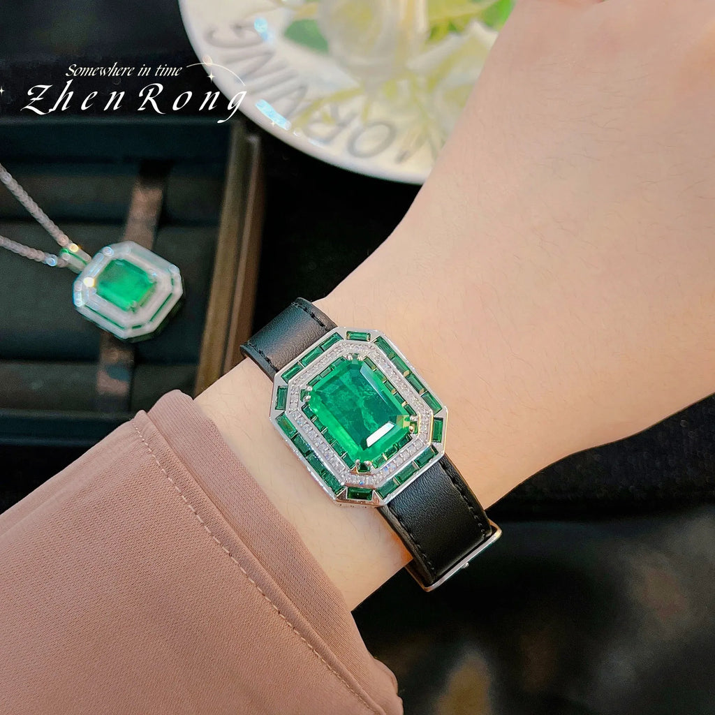 Foydjew New Luxury Designer Jewelry Simulation Emerald Green Pendant Necklaces For Women High Quality Wristband Bracelets Sets