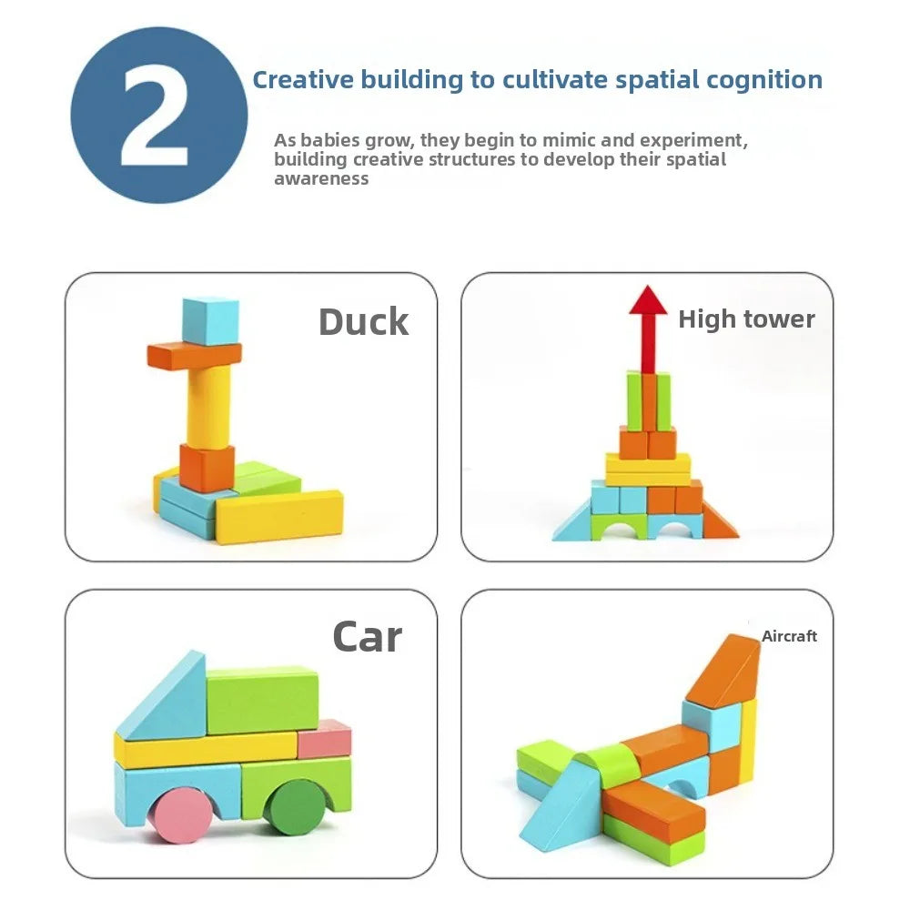 40PCS/SET Colorful Wooden Building Blocks Learning Sensory with Storage Bag Early Educational Toys Wooden 3D Stacking Blocks
