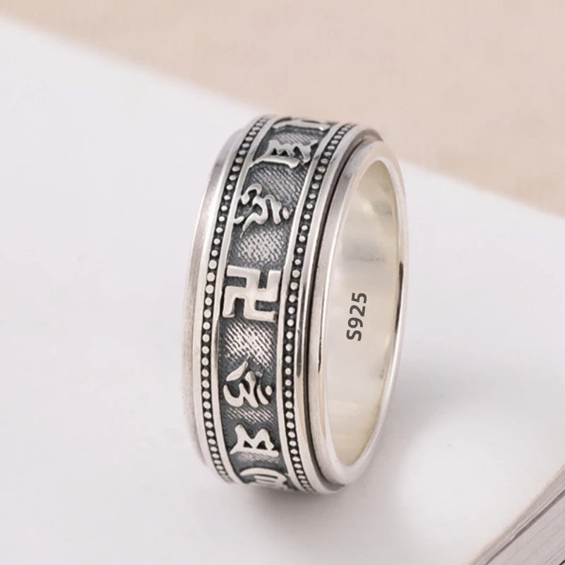 S925 Sterling Silver Ring Men Women Retro Buddhist Six-Character Great Mantra Ring Male Female Amulet Jewelry Exquisite Gift