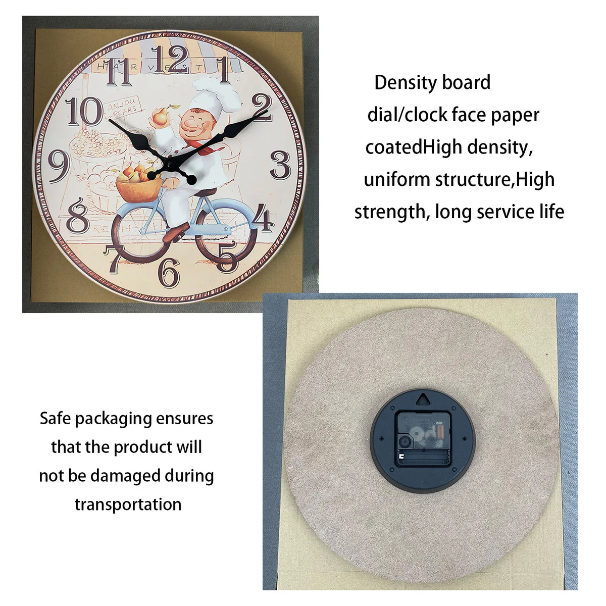 Vintage Italian Chef Riding a Bicycle Pattern Wooden Wall Clock Living Room Bedroom Kitchen Home Decor Silent Quartz Clock Holiday Gift 10 Inch 12 Inch 14inch 16inch (No Battery)