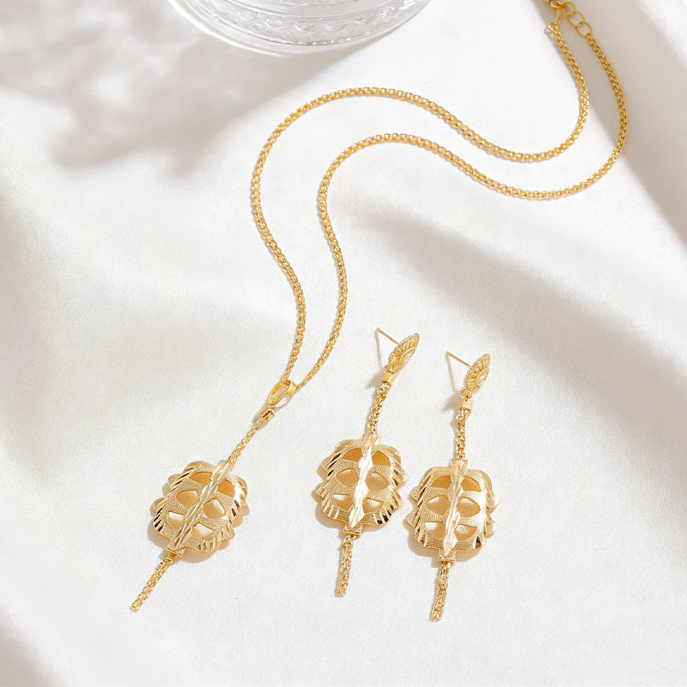 Dubai Gold Color Necklace Jewelry Set for Women Dangle Earrings and Necklace Bridal Weddings Earrings Engagement  Jewellery Gift