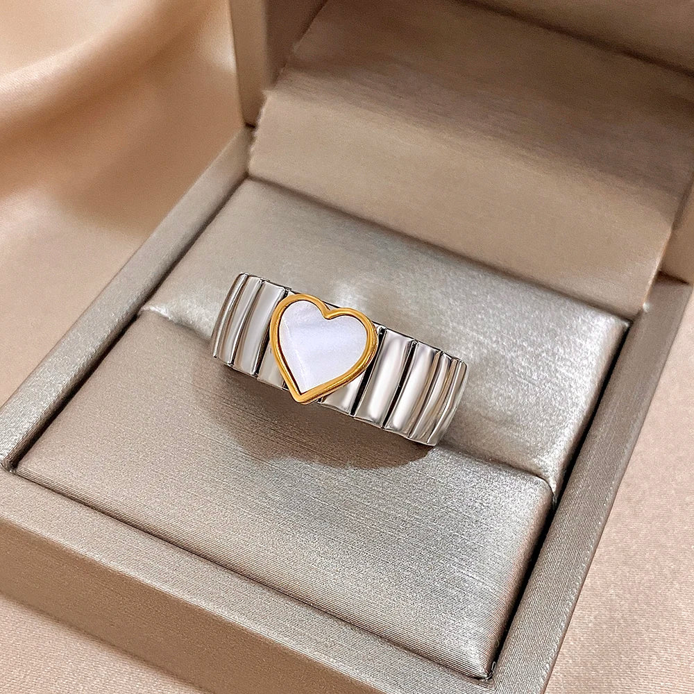 Greatera Elastic Force Stainless Steel Women's Ring Heart Pattern Fashion Colorfast Wide Design Valentine's Day Gift Jewelry