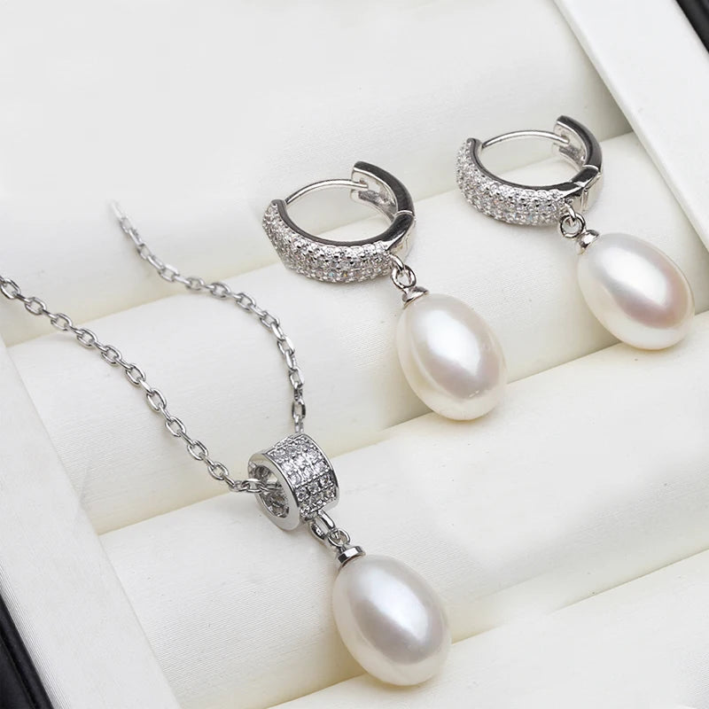 Natural Freshwater Pearl Necklace And Earrings Set Woman,Luxury 925 Silver Pearl Jewelry Set Wife Mother Birthday Gift White