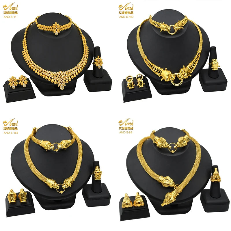 ANIID African Jewelry Set Big Necklace Dubai Ethiopian Gold Color Jewelery Earring Bracelet For Women Bridal Choker Wholesale