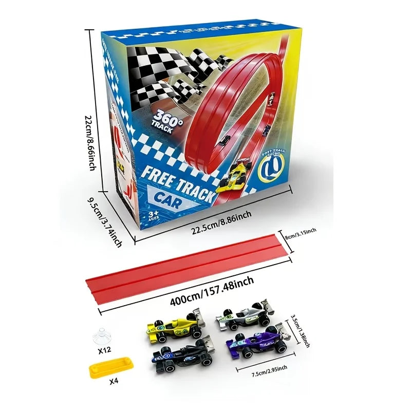 Flexible Race Track Toy Set | 4 Cartoon Cars, 360° Bendable Track, Indoor & Outdoor STEM Play