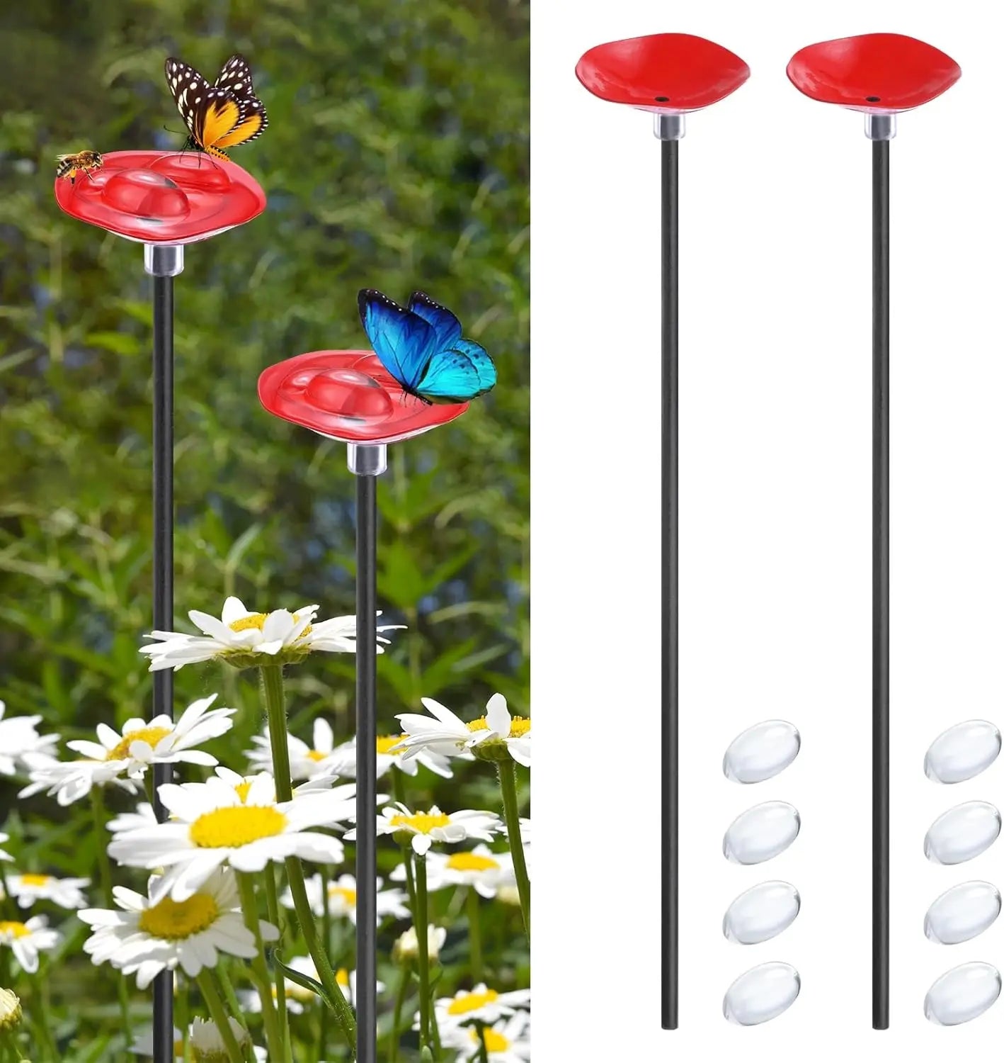 2Pcs Vibrant Floral Bee Water Station with Beads Outdoor Garden Insect Butterfly Drinking Cup Hummingbird Feeder Yard Art Decor