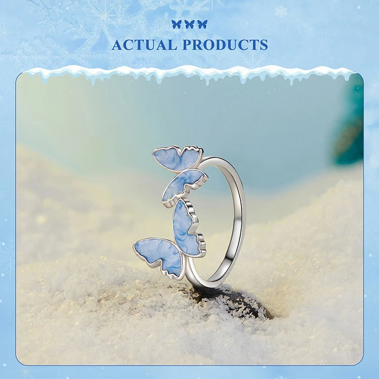 Bamoer 925 Sterling Silver Original Blue Butterfly Ring Lilac Flower Earrings for Women Jewelry Set Anniversary Engagement Gift
