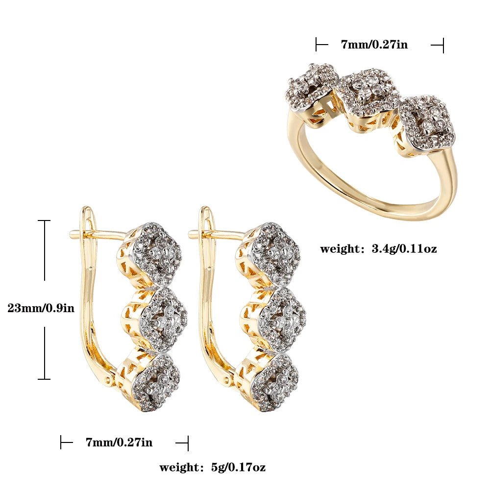Leaf-shaped inlaid zircon earrings ring three-piece set copper plated 14K gold fashion luxury jewelry party set accessories