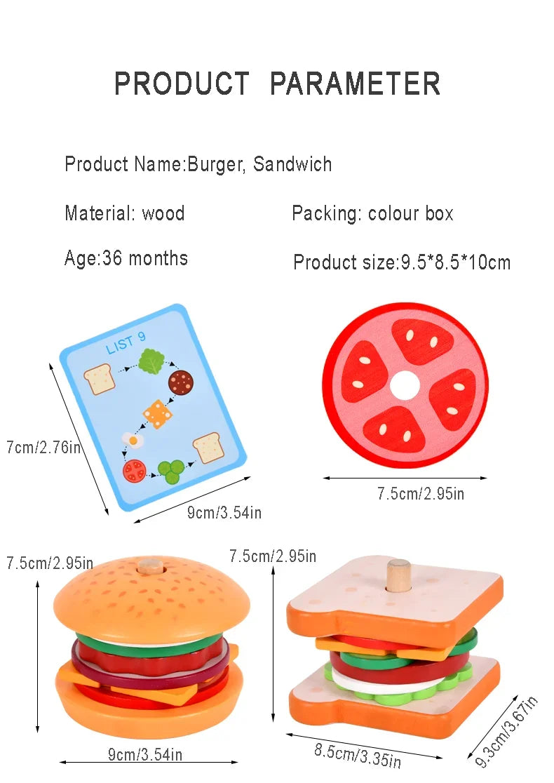 Children Pretend Play Kitchen Wooden  Toys Hamburger Sandwich Simulation Food Matching Games Montessori Educational Stacking Toy