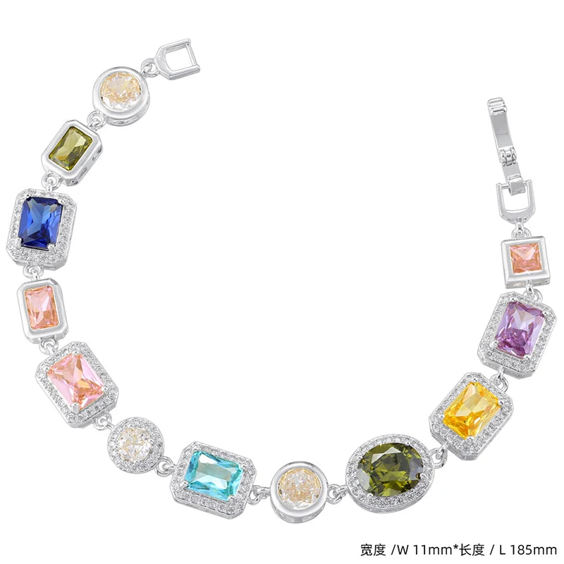 Colorful Mosaic Geometric Zircon Bracelet/Necklace Set Hip-Hop Retro Unisex Couple's 18K Gold-Plated Brass Jewelry:VL661 VL662