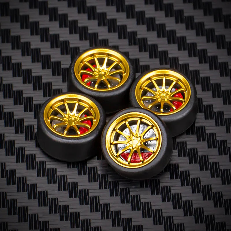 1/64 Car Model Bearing Wheels 9.8mm 10.8mm Rubber Tires W Brake Disc Caliper Axles Modify Spare Parts for 1:64 Cars