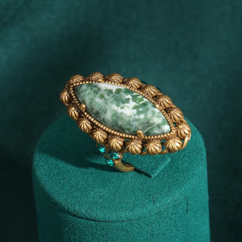 Vintage Wedding Rings for Women Round Blue Natural Oval Green Crystal Horse Eye Shape Glass Retro Pattern Gold Color Jewelry
