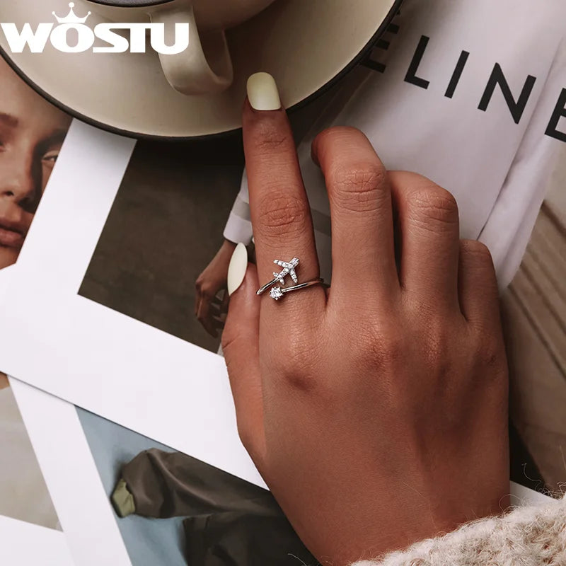 WOSTU Real 925 Sterling Silver Open Ring Finger Adjustable Size Wedding Rings For Women Engagement Fashion Silver Jewelry Gift