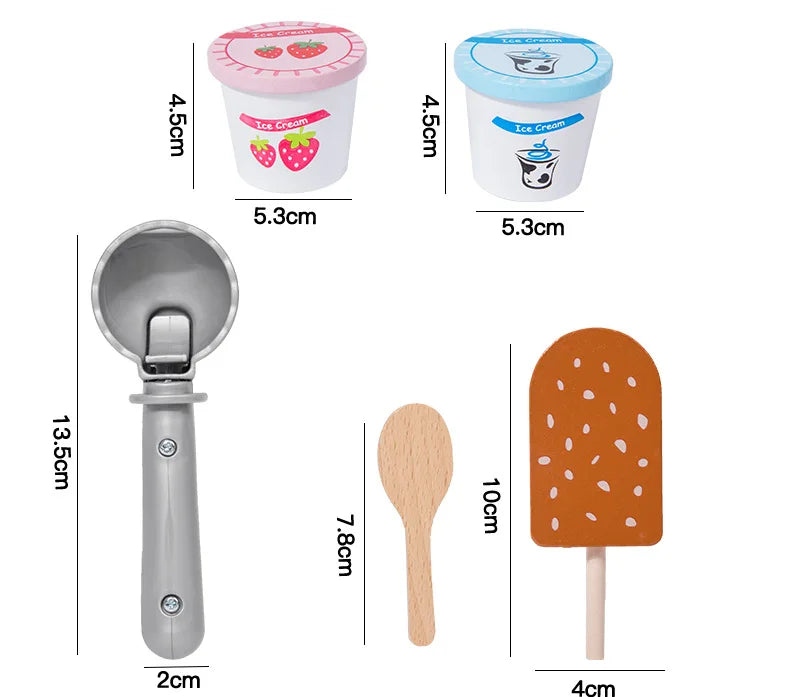 Wooden Ice Cream Toys for Toddler, Play Store Pretend Food Kitchen Accessories with Scoop & Menu & Toy Cash,Christmas Gift