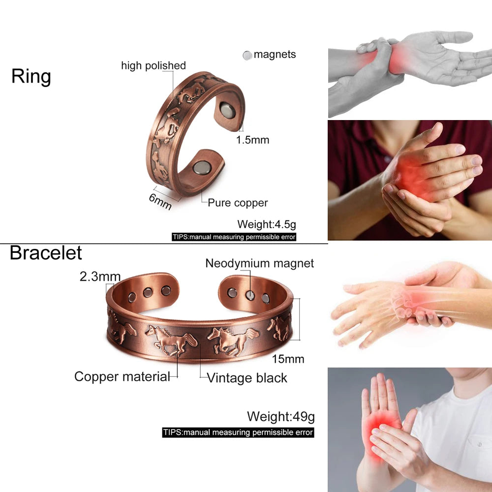 Pure Copper Jewelry Set Magnetic Horse Bracelets Rings Health Energy Adjustable Men Vintage Jewelry-set Open Cuff Resizable