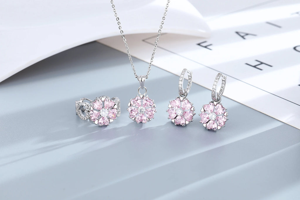Fashion Wedding Ring for Women Pink Zircon Crystal Flower Pendant Bracelets Earrings Necklace Rings Fine Jewelry Sets FCGJHW