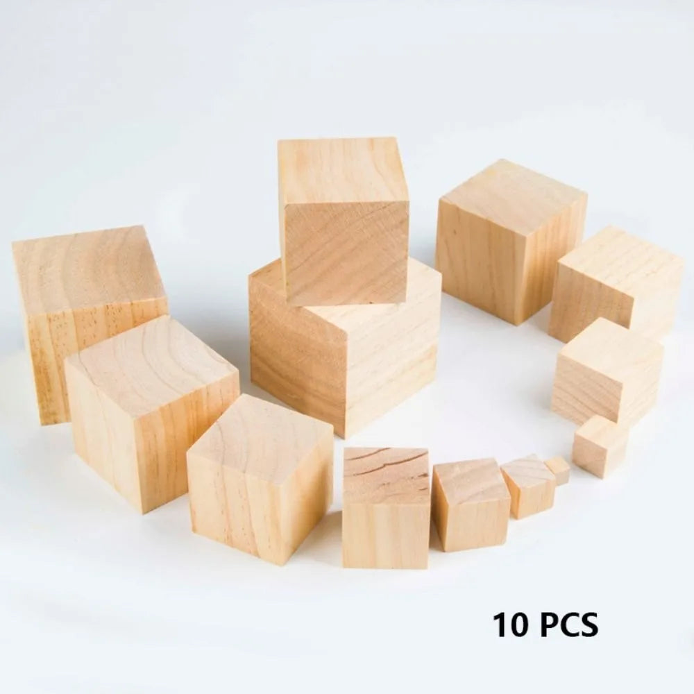 10pcs Natural Wooden Cube Building Block Unfinished Blank Handmade Material Woodwork Craft Kindergarten Model