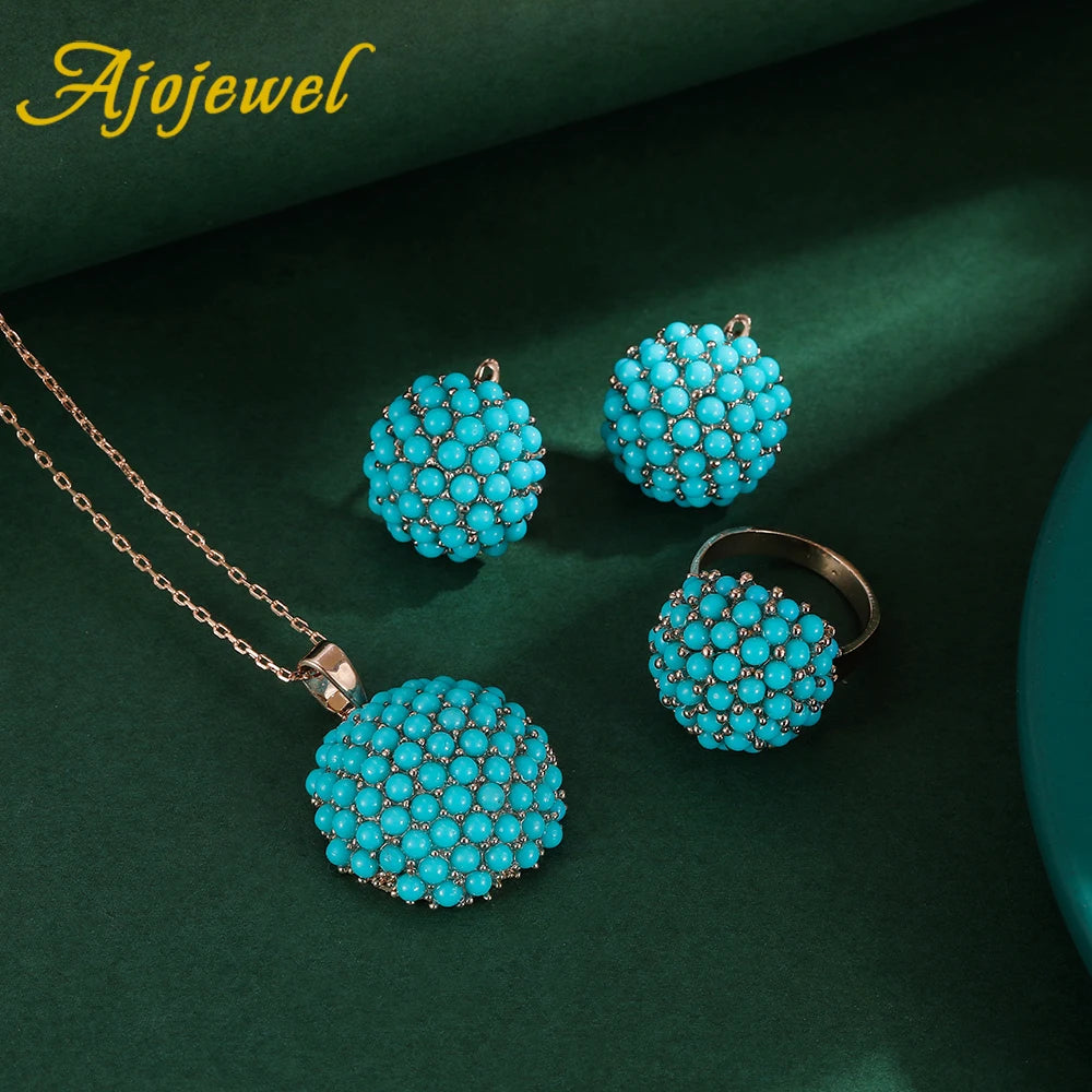 Ajojewel New Blue Hydrangea Flower Jewelry Sets For Women Ladies Beautiful Resin Earrings Pendant Necklace Ring Size 7,8,9