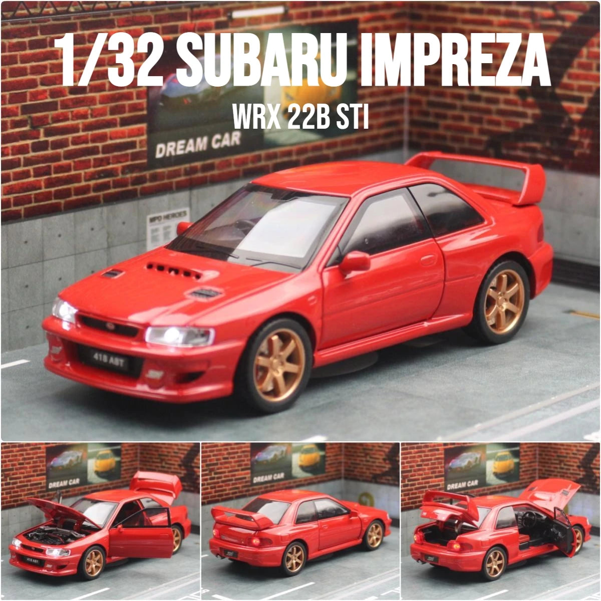 1/32 Subaru Impreza WRX 22B STI JDM Super Car Model Diecast Metal Vehicle Miniature Pull Back Display Collection Gift Boyfriend