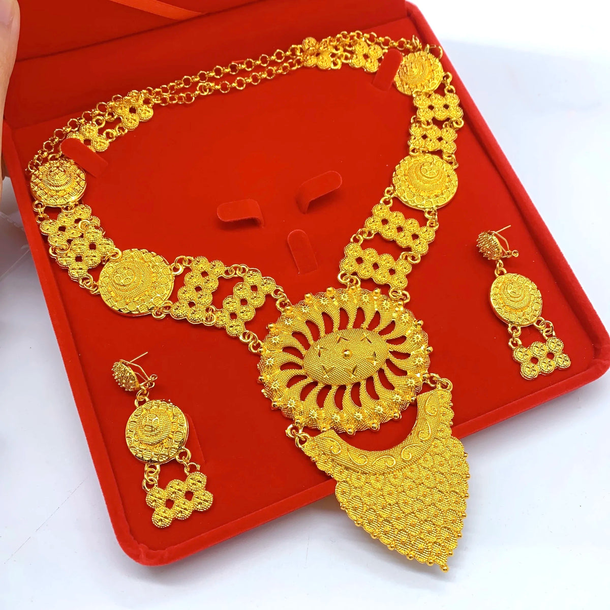 Dubai Indian Necklace Earrings Big Pendant Jewelry Set Gold Color For Women Nigeria African Bridal Wedding Party Jewellery Gifts