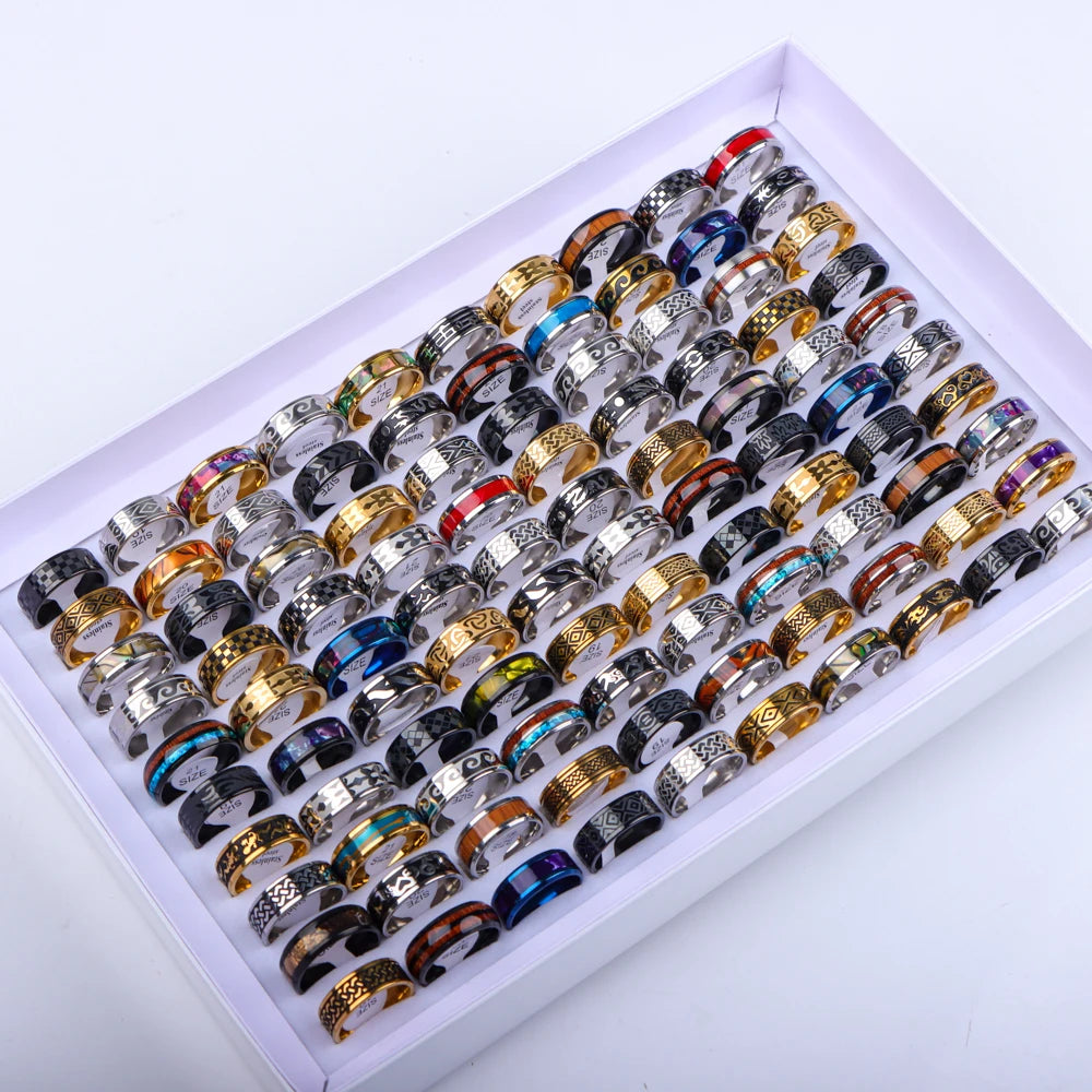 10/20/30/50Pcs/Lot Stainless Steel Fashion Ring Wood Grain Ring Men's Wedding Ring Women's Party Mixed Style Random Style