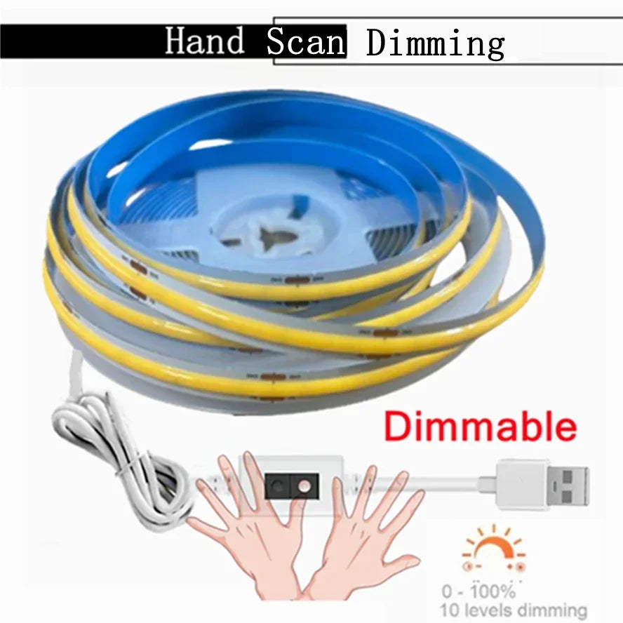Dimmable 5V USB 5m COB LED Strip Light with Hand Scan Dimmable Touch Sensor Switch Push Switch Room TV Background Decoration