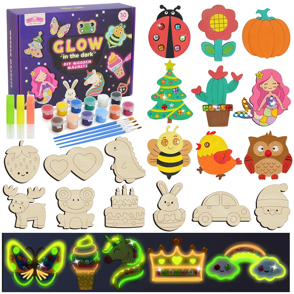 DIY Wooden Magnets Wood Crafts Kit for Kids Glow in The Dark, Arts Supplies Painting Kit, Fun Party Favors for Christmas Gifts