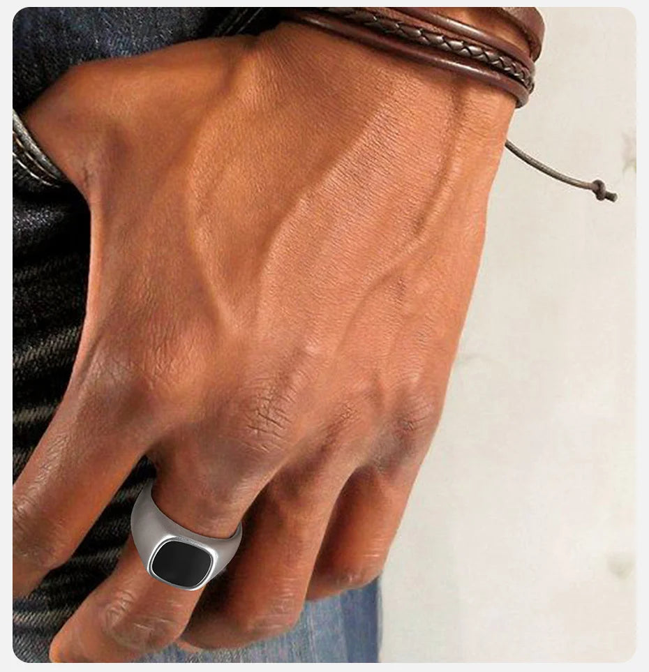 Vnox 12.5mm Signet Ring for Men, Black Square Top Stainless Steel Finger Band, Gothic Punk Rock Boy Stamp Rings