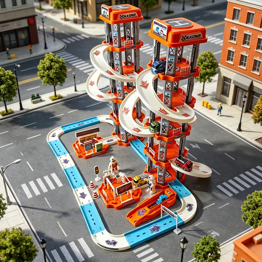 Boys' large five story parking lot toy, children's rail car toy set, suitable for boys' birthday gifts