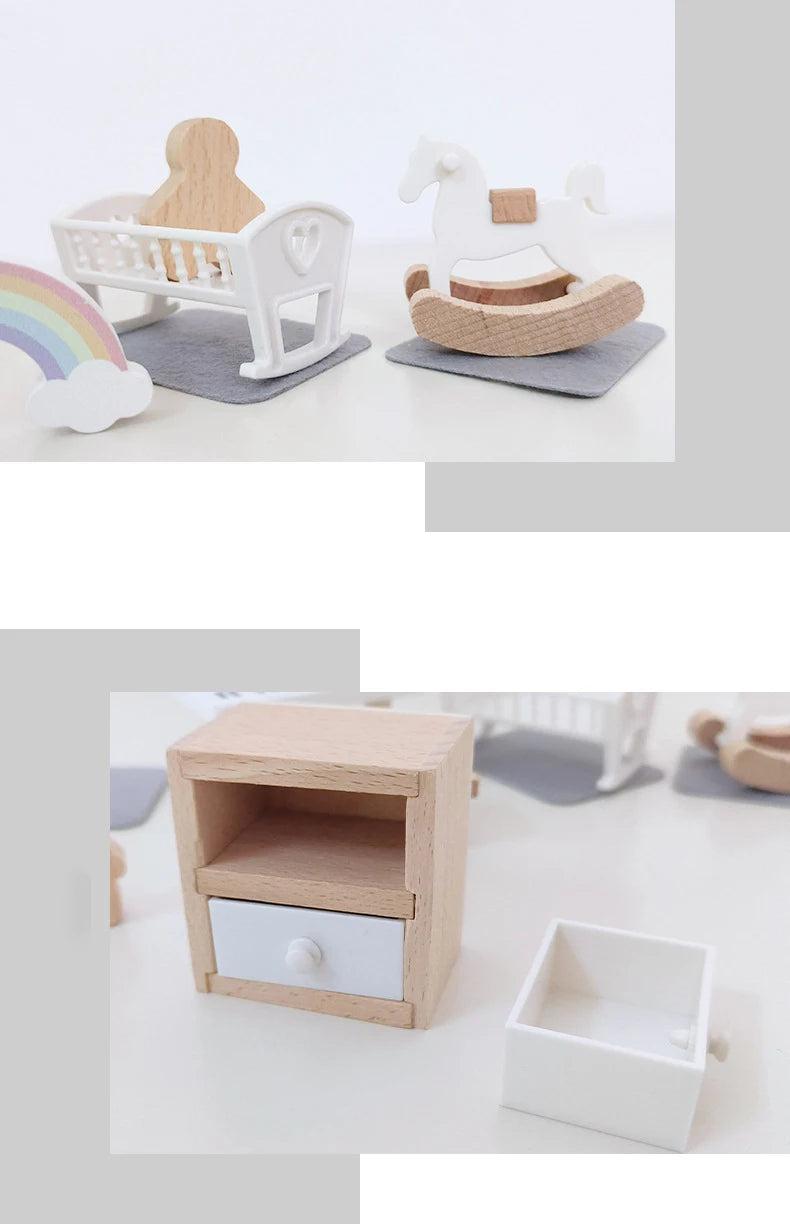Wooden Play House Toy Set Mini Dollhouse Simulated Furniture Decoration Set Bedroom Kitchen Items Table And Chairs Accessorie
