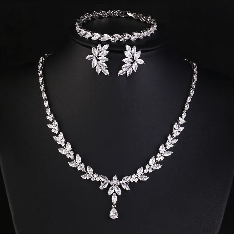ZAKOL Luxury Cubic Zirconia Necklace Earrings Rings Set for Women Shinny Water Drop Leaf CZ Bridal Wedding Jewelry Sets