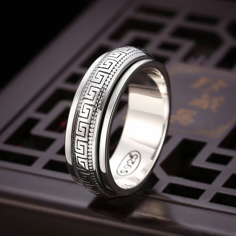 Factory Price S925 Sterling Silver Movable Great Wall Pattern Ring Men Women Real Silver Double-layer Rotatable Rings Jewelry
