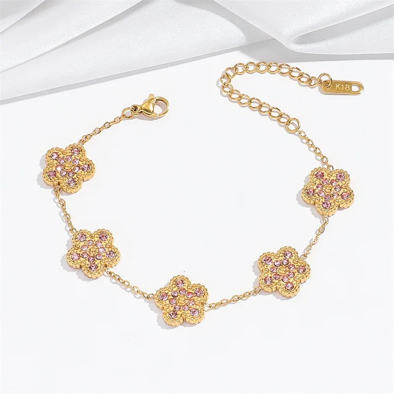 EILIECK New Fashion Stainless Steel White Zircon Clover Necklace Bracelet Earrings Set For Women Trendy Flower Jewelry Set Gift