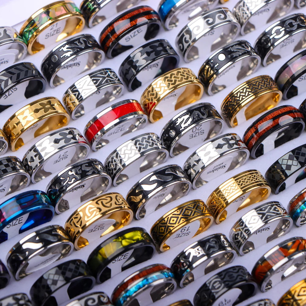 10/20/30/50Pcs/Lot Stainless Steel Fashion Ring Wood Grain Ring Men's Wedding Ring Women's Party Mixed Style Random Style