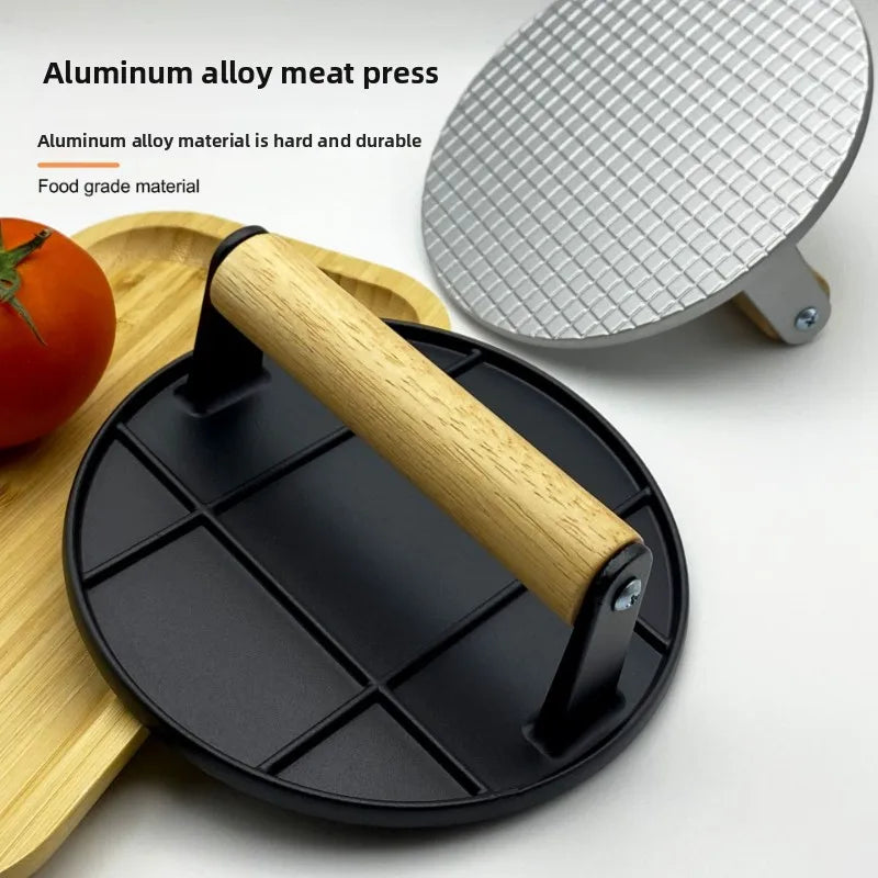 Cast Iron Burger Press Outdoor Non Stick Aluminum Alloy Rotundity Hand Meat Burger Press with Wooden Handle for Home Kitchen BBQ