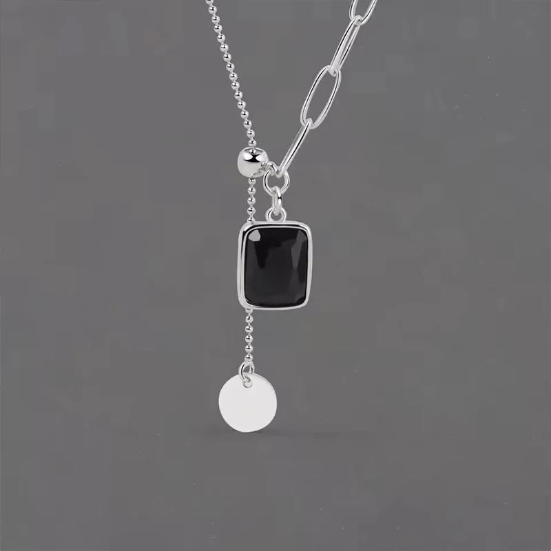 PANJBJ 925 Sterling Silver Onyx Necklace for Women Girl Concise Individuality Fashion Jewelry Birthday Gift Dropshipping
