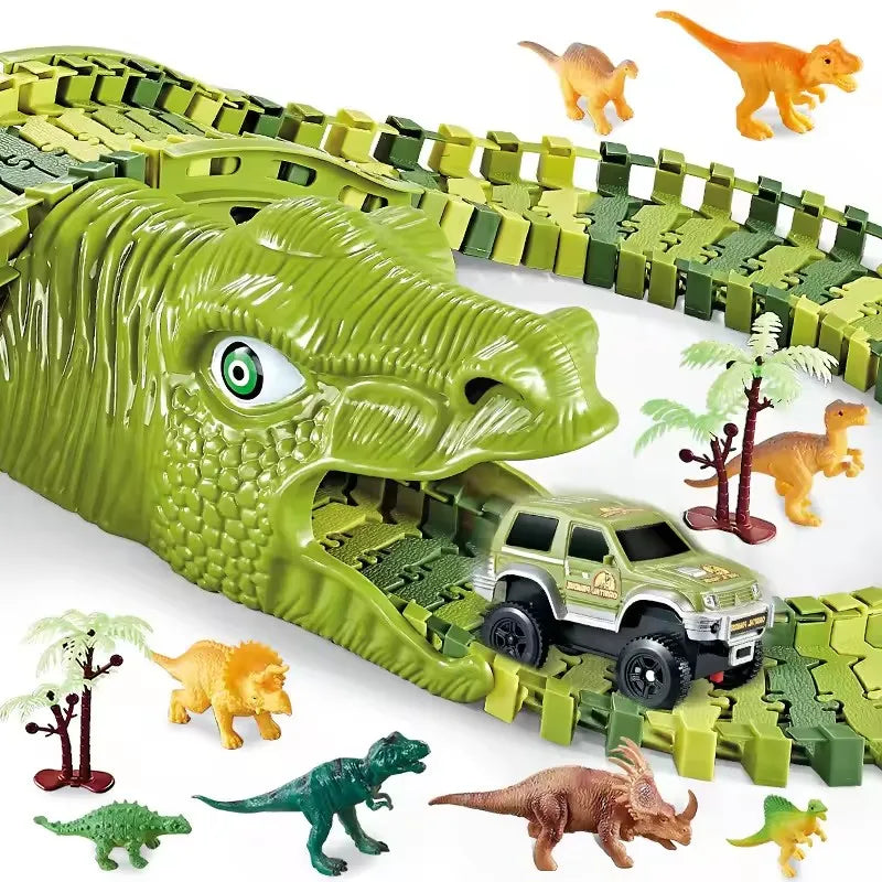 Dinosaur Themed Plastic Racing Track Set Bend Flexible Race Track with Electronic Car Educational Toys for Children