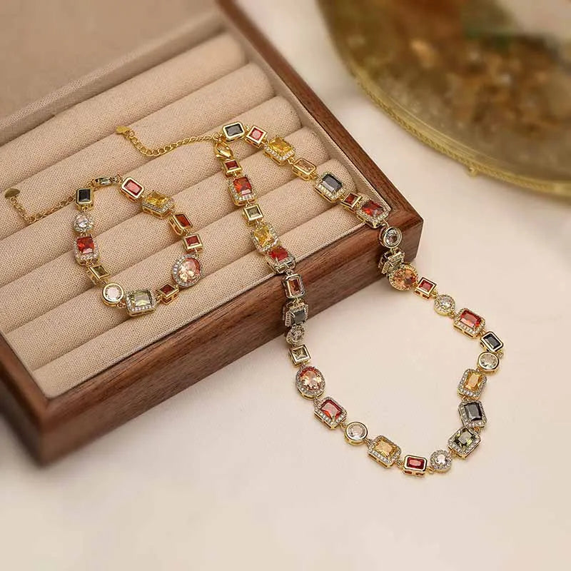 HECHENG 18K Gold-plated Zircon Irregular Geometric Shape Colored Bracelet Necklace Popular Maillard Color Neutral Accessory
