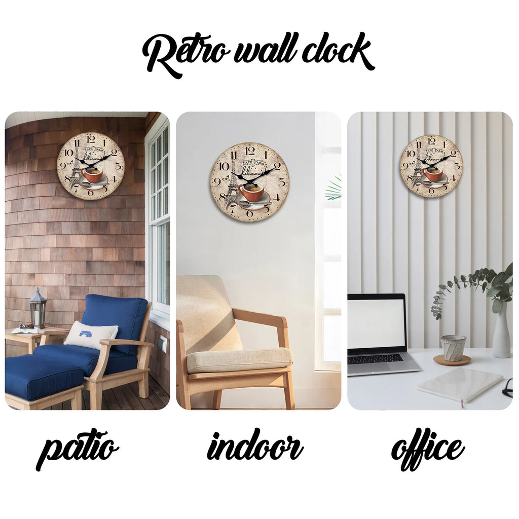 French Retro Paris Eiffel Tower Coffee Cup Wooden Wall Clock Living Room Bedroom Kitchen Home Decoration Wall Clock Silent Quartz Clock Holiday Gift 10 Inches 12 Inches 14 Inches 16inch (Without Batteries)