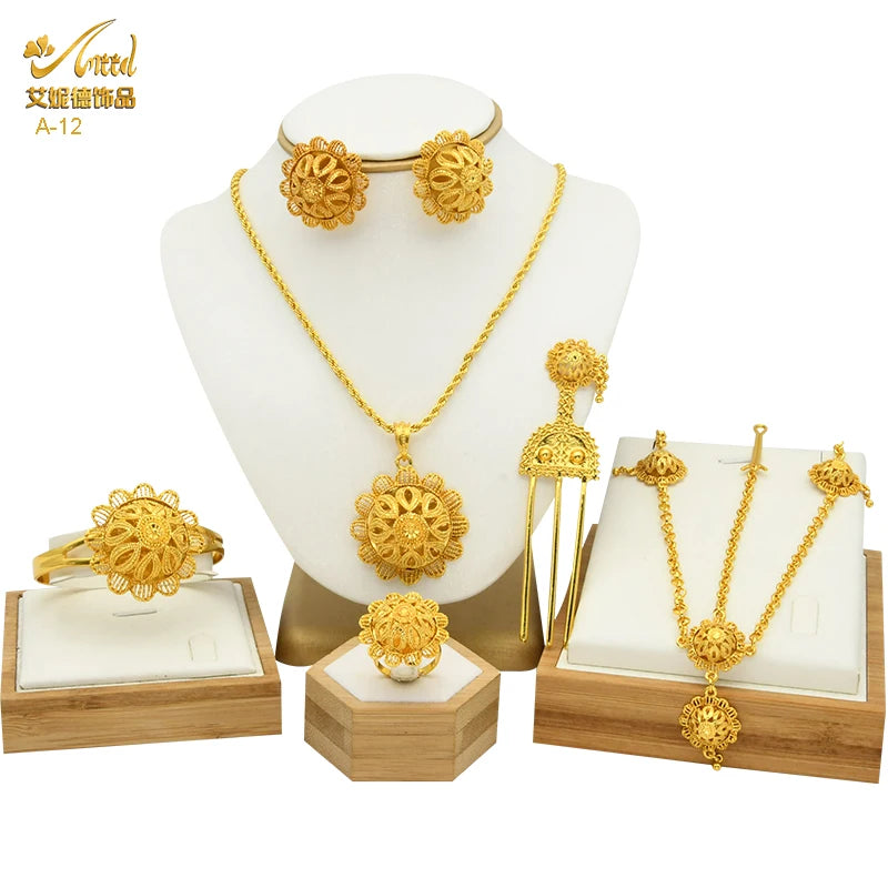 ANIID Ethiopian Gold Color 6pcs Jewelry Sets For Women Dubai Flower Shape Nigerian Luxury Necklace Jewellery Set Wedding Gifts